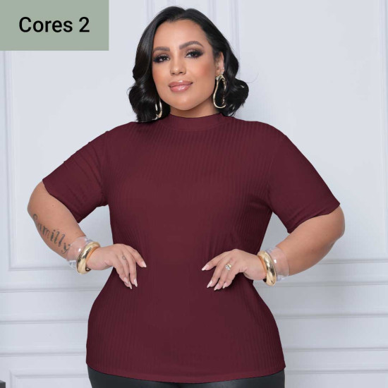 (PLUS) Blusa Canelado Liso Gola Alta