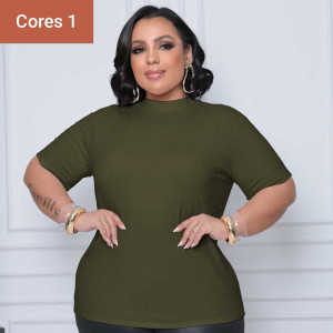(PLUS) Blusa Canelado Liso Gola Alta